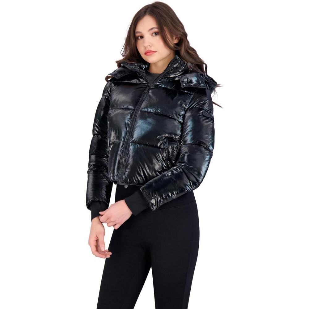 NWT BCBGMAXAZRIA Metallic Quilted Cropped Puffer Coat Hood Women's M Black - Picture 10 of 10